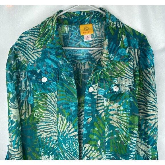 Ruby Rd Blouse Size 18W Button Up Floral Shirt Roll Tab Sleeve Shacket Blue - Picture 2 of 14